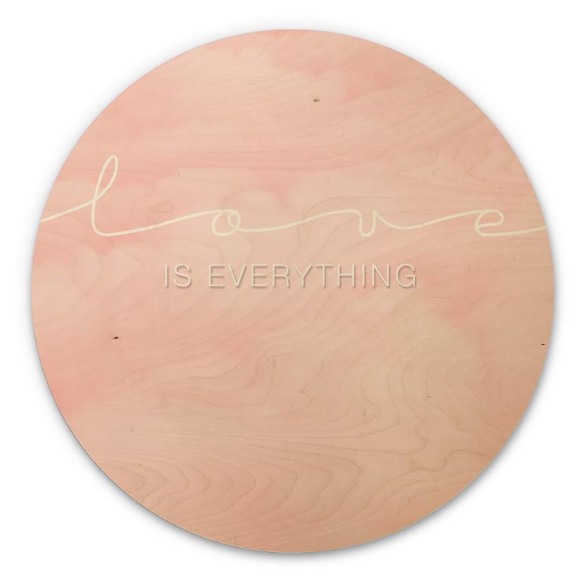 Tableau sur bois Love is everything - nuages roses - Rond