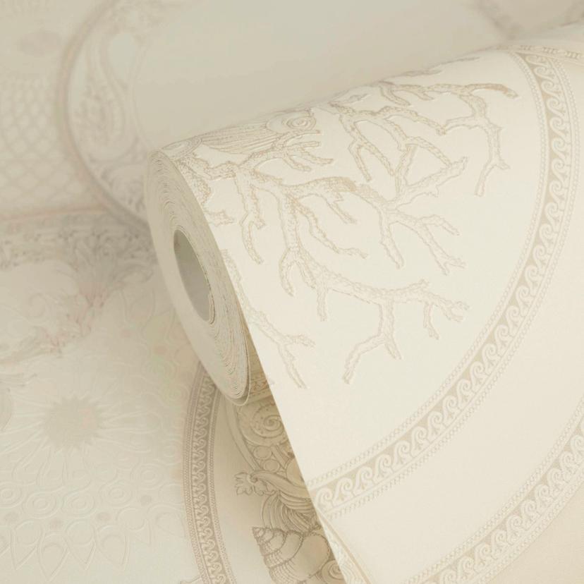 Papel pintado no tejido Versace Art De La Table Circles Floral Meander Medusa Beige Metalizado