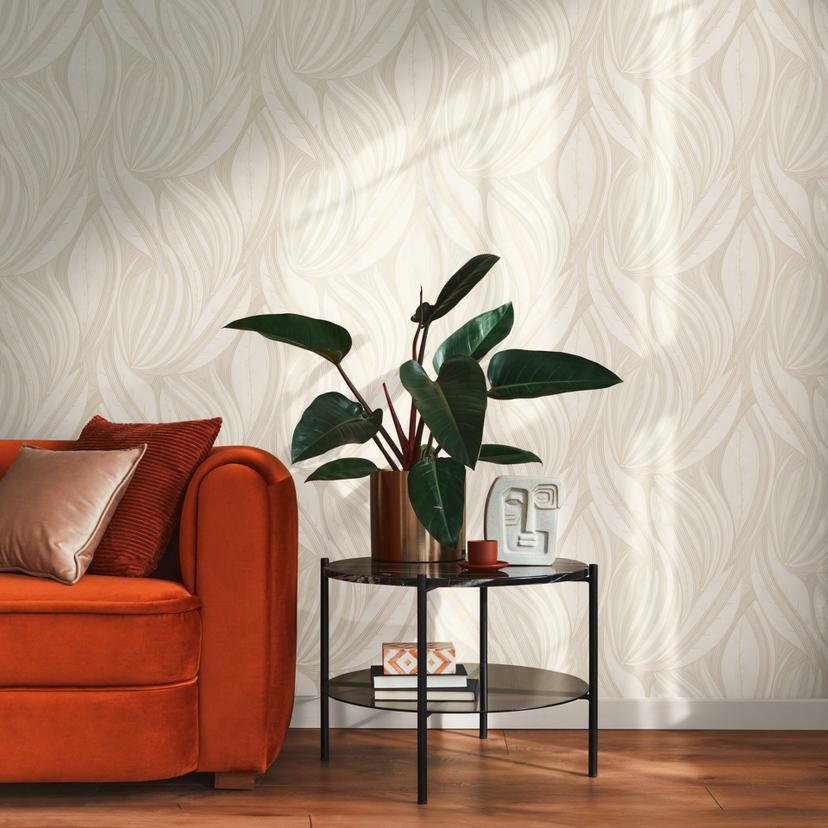Leaves tapet creme beige - Ikke-vævet tapet med grafisk bladmønster