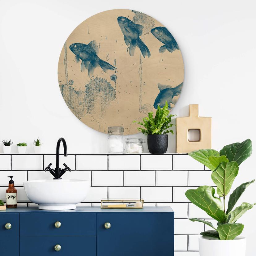 Stampa su legno - Pesci blu tondo