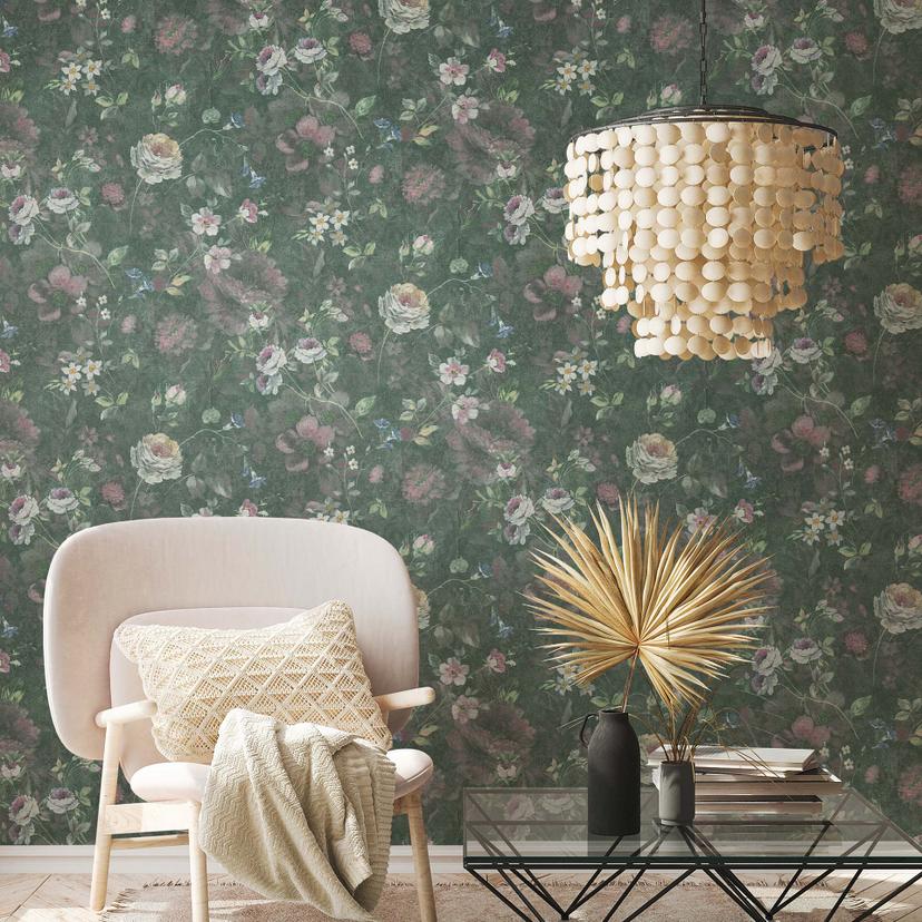 Papier peint fleuri sans PVC - Papier peint intissé Floral de A.S. Création Vert Blanc Rose 386362