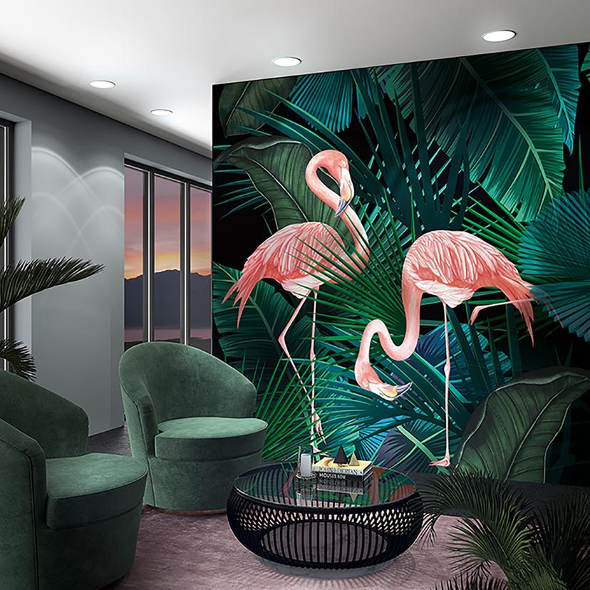 Fototapet med pelikaner og planter, Pink illustration 3,40 x 3,18 m