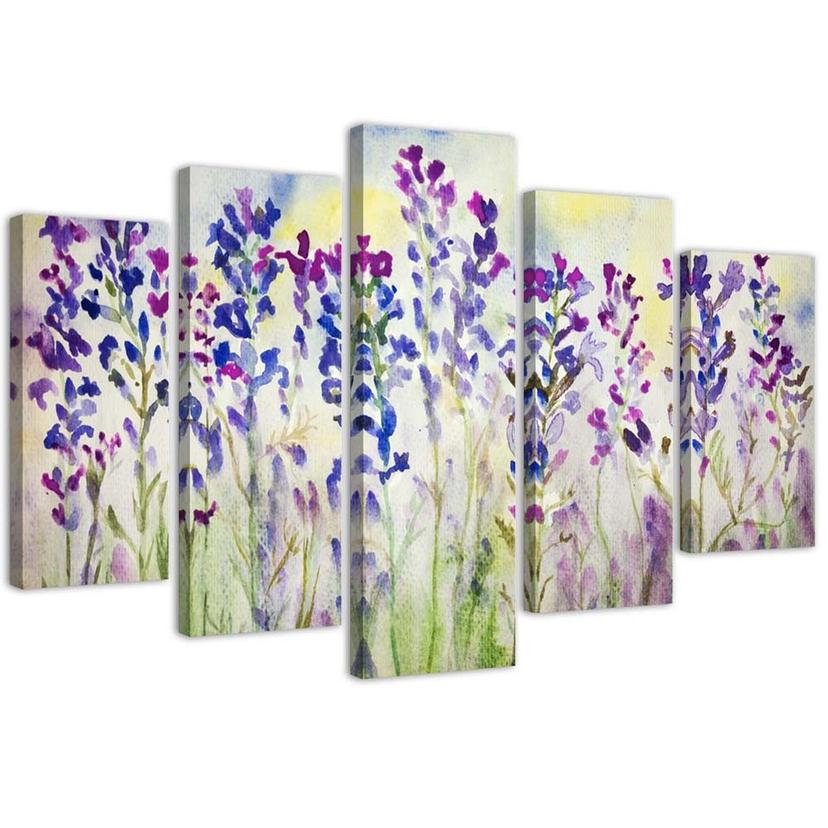 Impression sur toile en 5 parties, fleurs violettes des champs