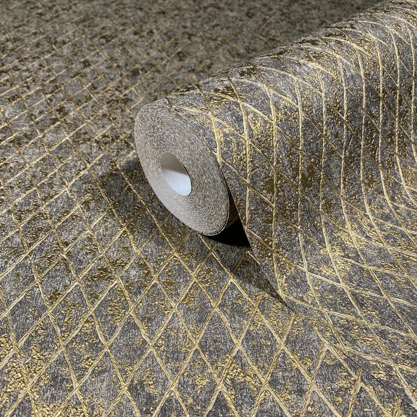 Non-woven tapet i svart, guld diamantmönster grafiskt geometriskt
