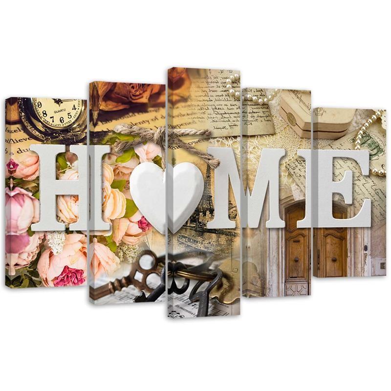 5 stykke lærredsprint Home Heart Retro Inscription