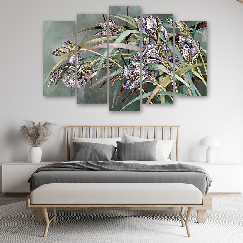Stampa su tela 5 pezzi, fiori di iris nel vento