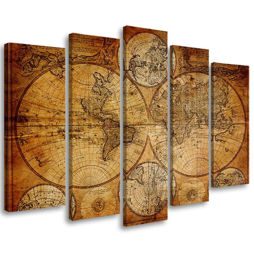 Tableau sur toile en 5 parties Carte du vieux monde marron
