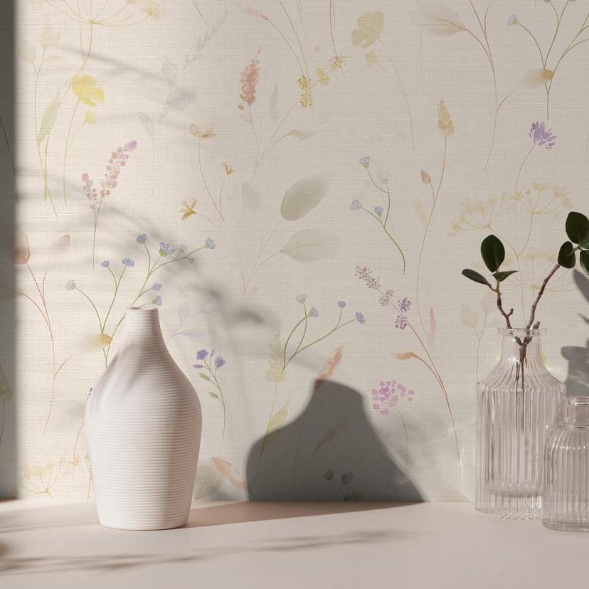 Pastelhvidt engblomstertapet - Ikke-vævet tapet akvarel look luftig blomstret