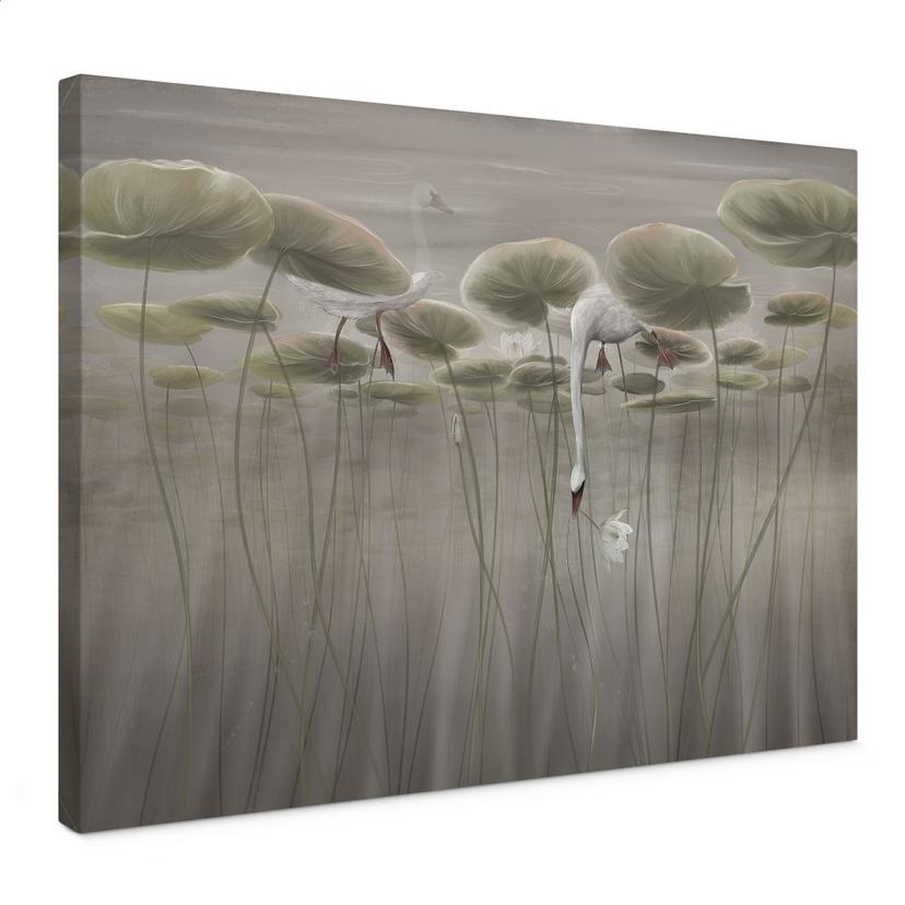 Canvas schilderij lotusbloemen met zwaan in water in grijs - Ms Tiff