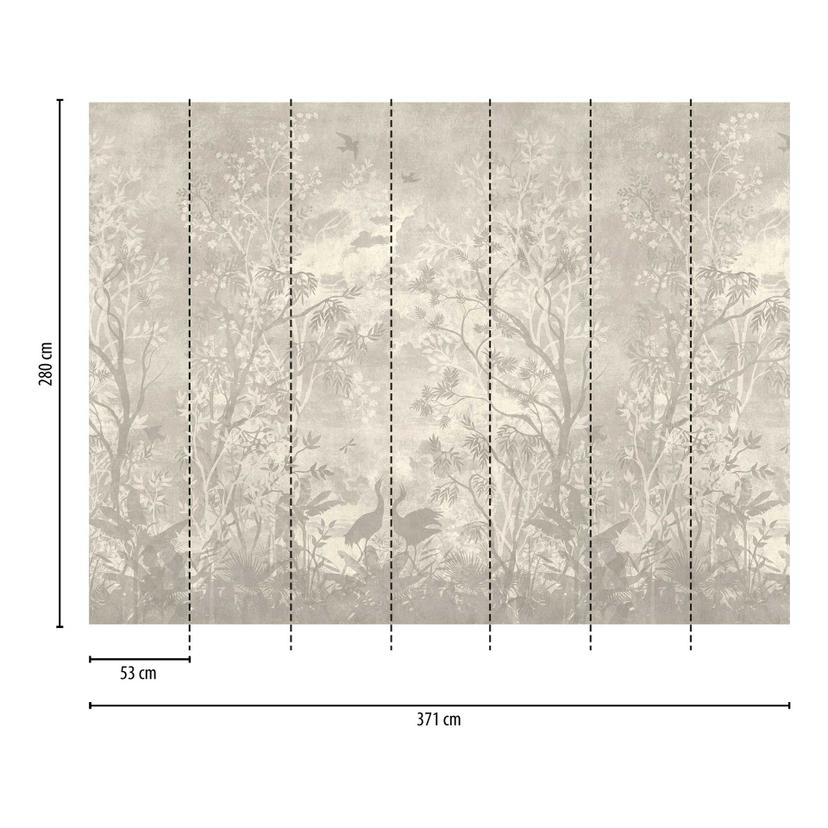 Scena forestale beige seppia - carta da parati in tessuto non tessuto con motivi di uccelli e alberi