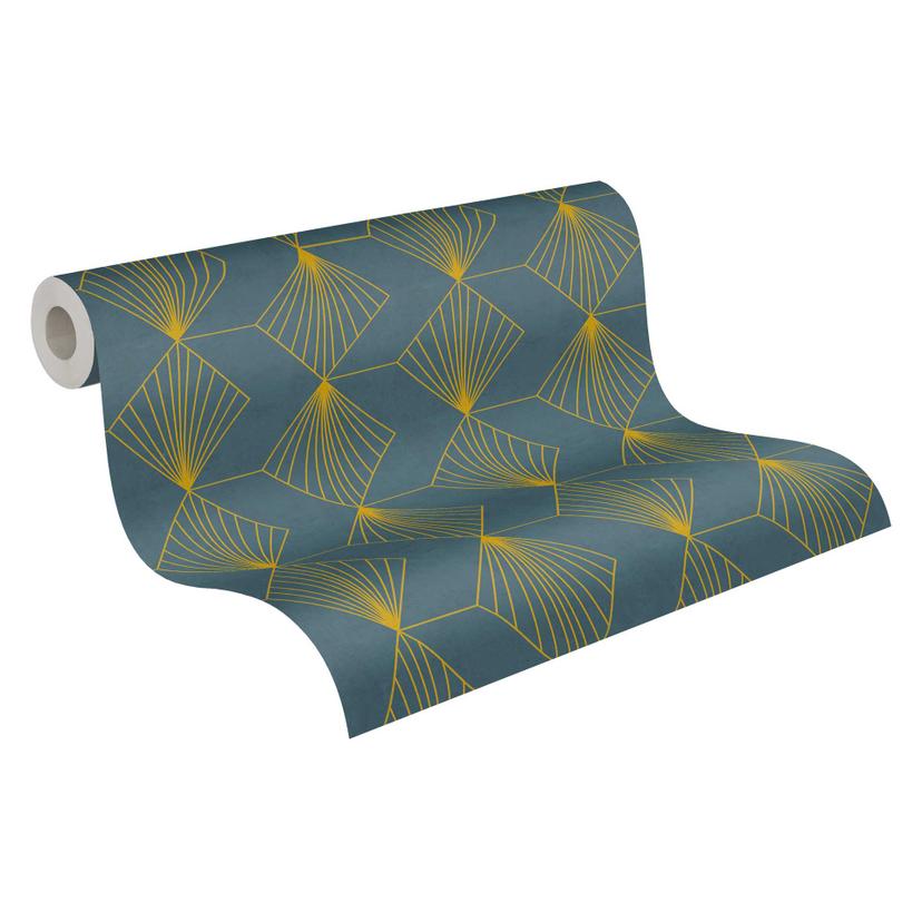 Papel pintado geométrico art deco azul oscuro dorado - Papel pintado de muestra - Papel no tejido