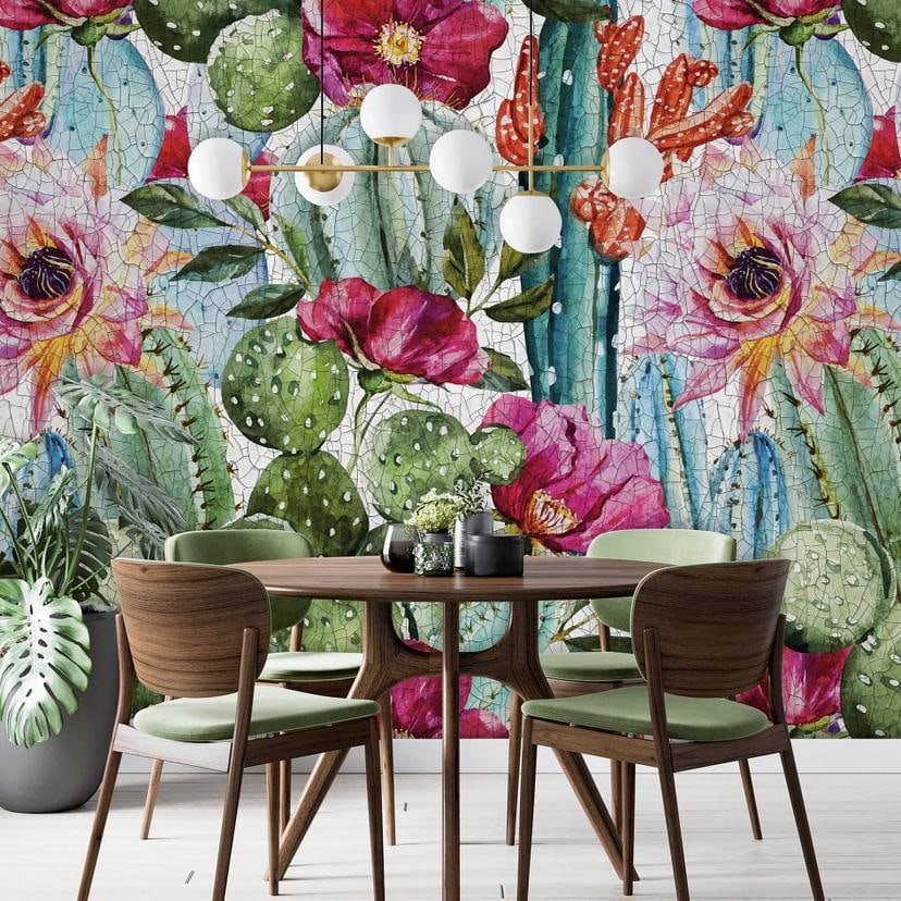 Fotomural acuarela de cactus y flores en verde y rosa con México Boho 2,7 x 2,12 m