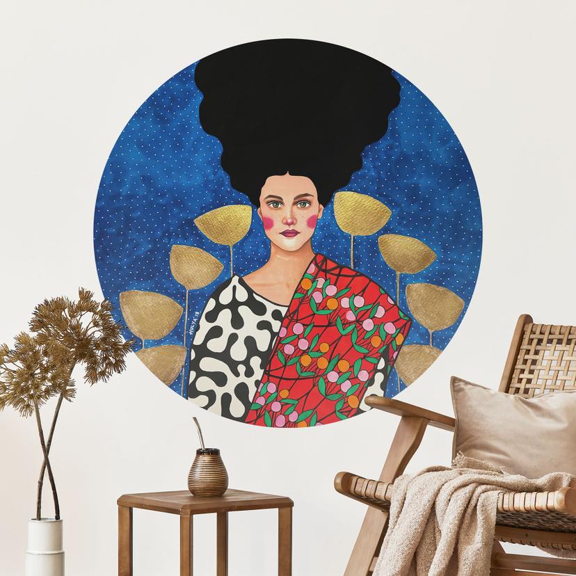 Wallsticker Kvinde på marken med gyldne blade - Hülya - Rund