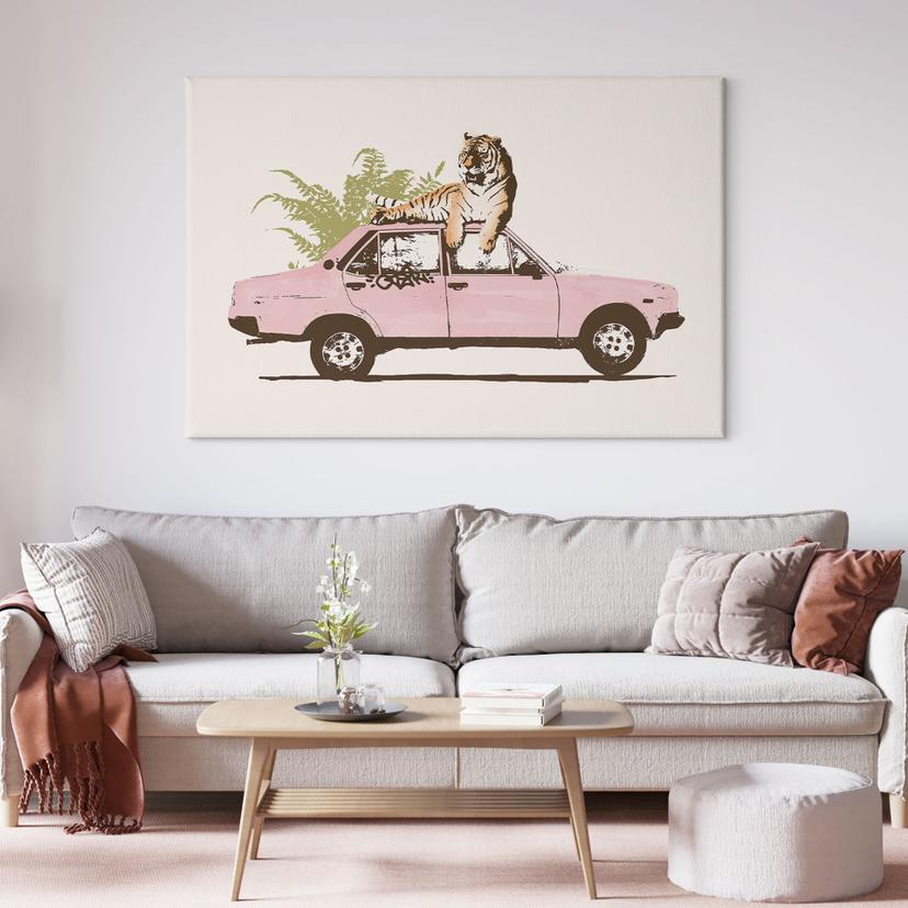 Stampa su tela Tigre su auto rosa - Bodart