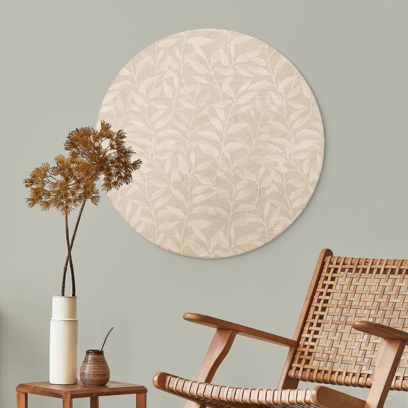 Stampa su legno Delicate foglie acquerellate - Beige tenue - Decorazione floreale - Rotonda