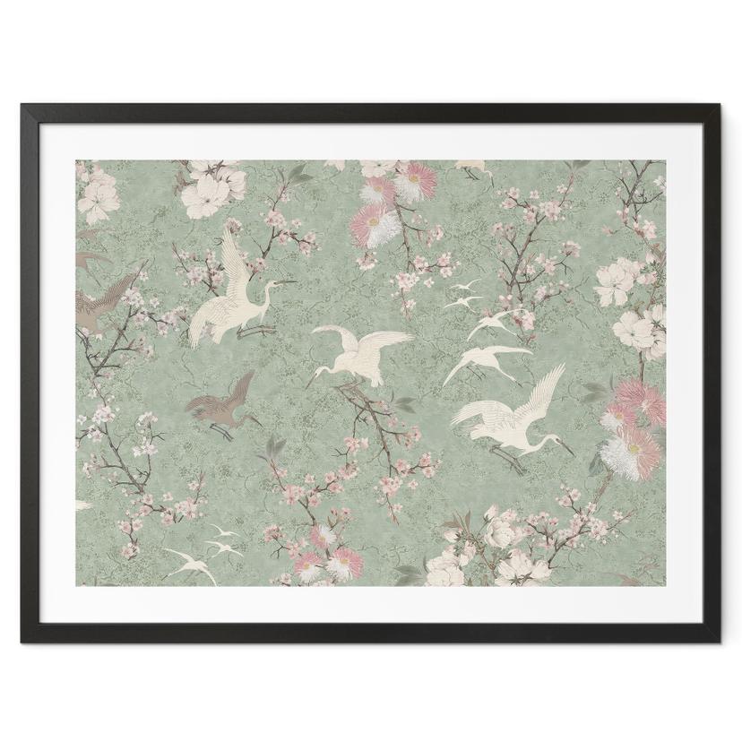 Kraner på plakat i kirsebærblomst Rush Green - Bloomery Decor
