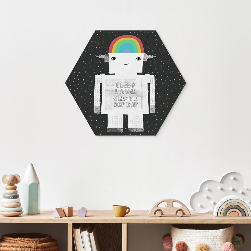 Stampe esagonali per pareti con robot arcobaleno Sleep Laugh Create - Treechild - alluminio dibond