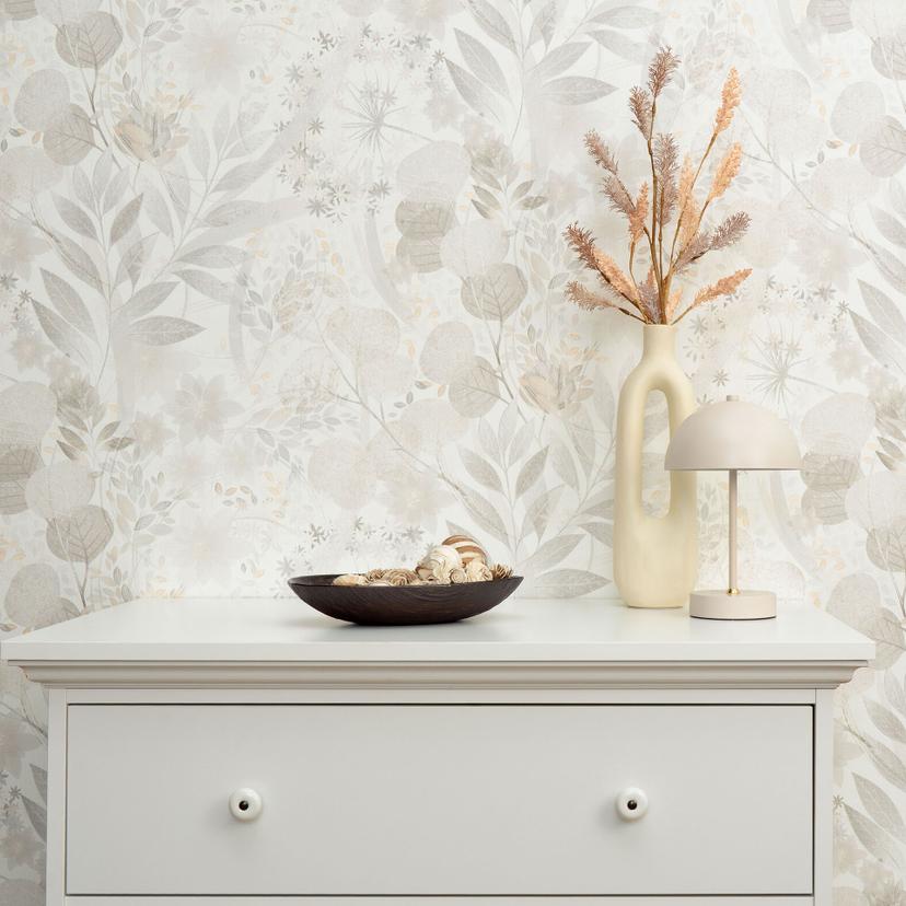 Ikke-vævet tapet, bladmotiv-tapet Secret Garden lysegråt