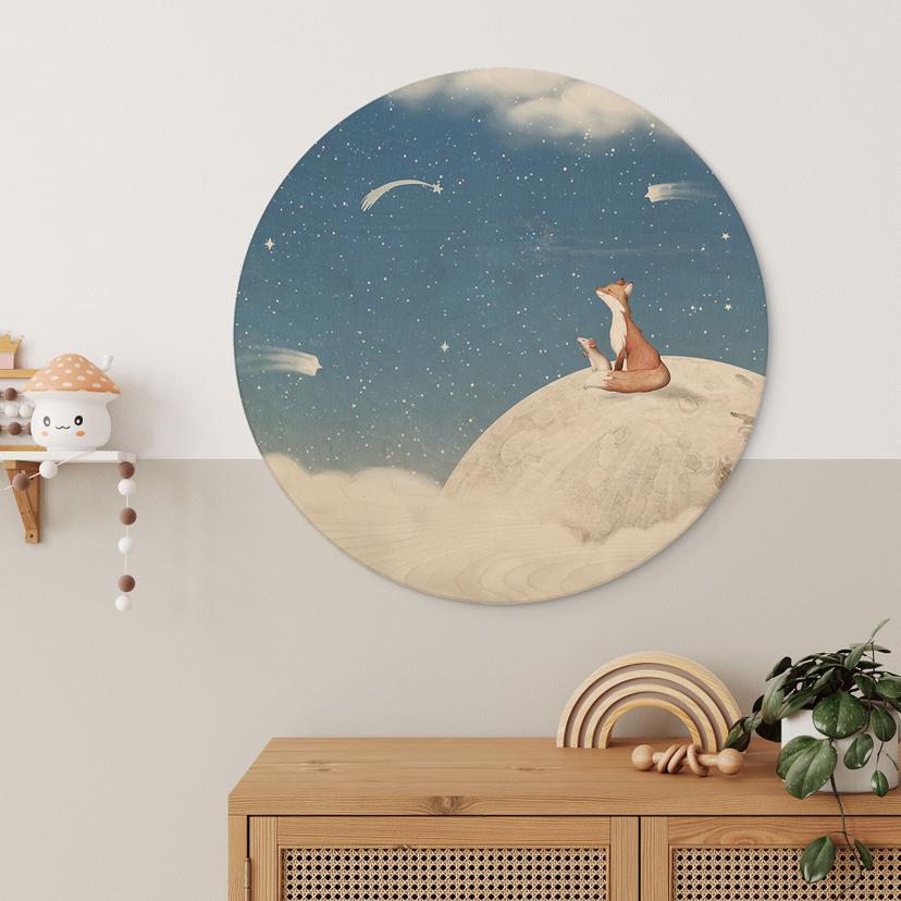 Tableau sur bois rond Renard sur la lune avec des étoiles filantes - Oliver Robins