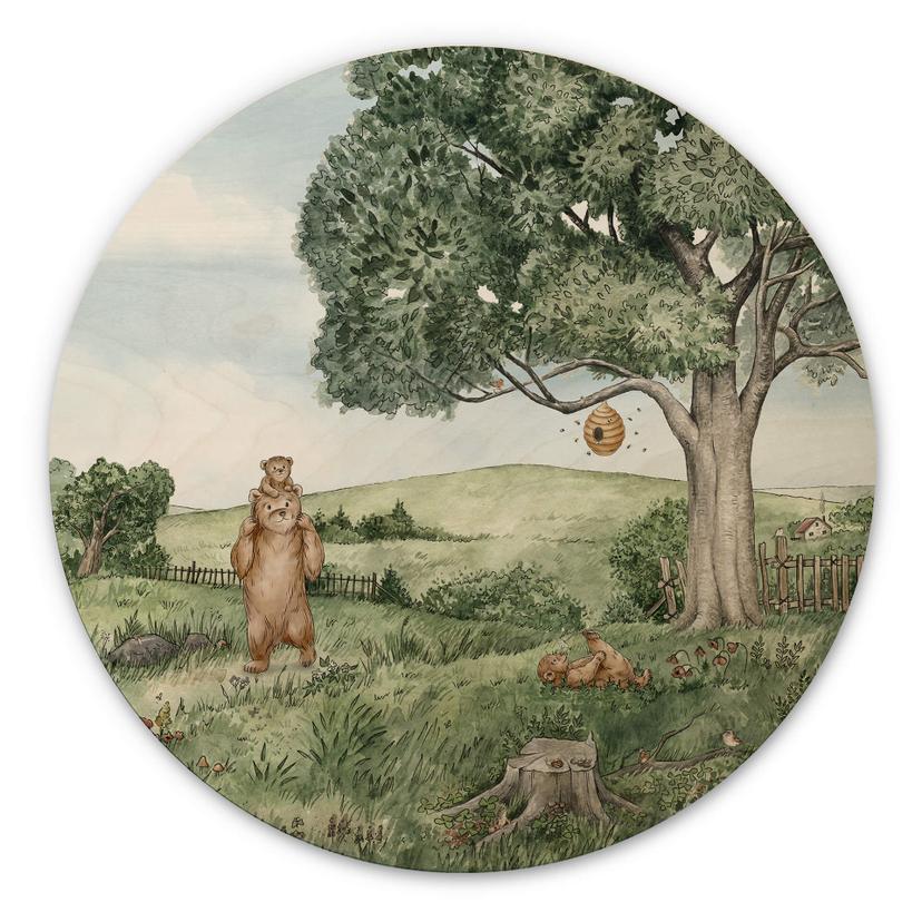 Tableau sur bois rond Kikki Belle - Ours et Abeilles