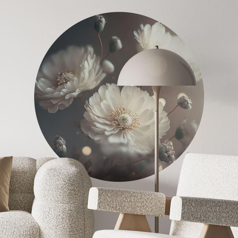 Wallsticker Hvide blomster med guldstøv - Treechild - Rund