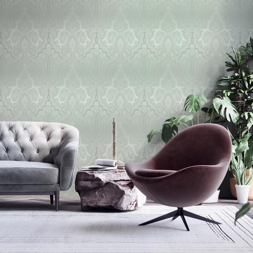 Livingwalls Paisley Tapete My Home My Spa Vliestapete Romantic Home eukalyptus, grün, silber