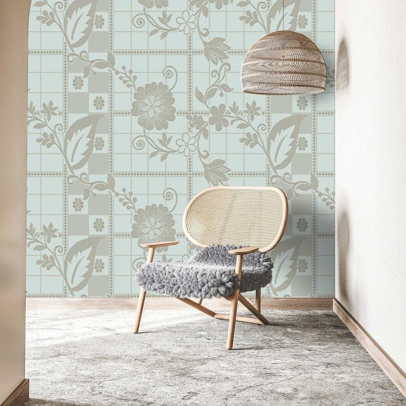 Papier peint classique avec motif floral gris et blanc - papier peint intissé