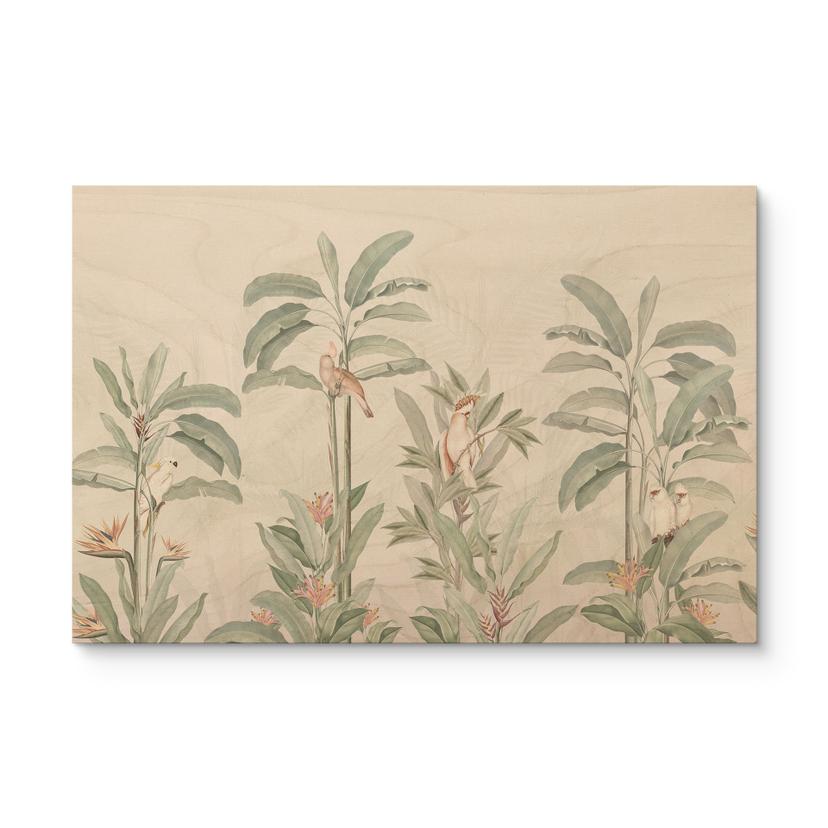 Cuadro de madera bosque tropical con cacatúas - Bloomery Decor