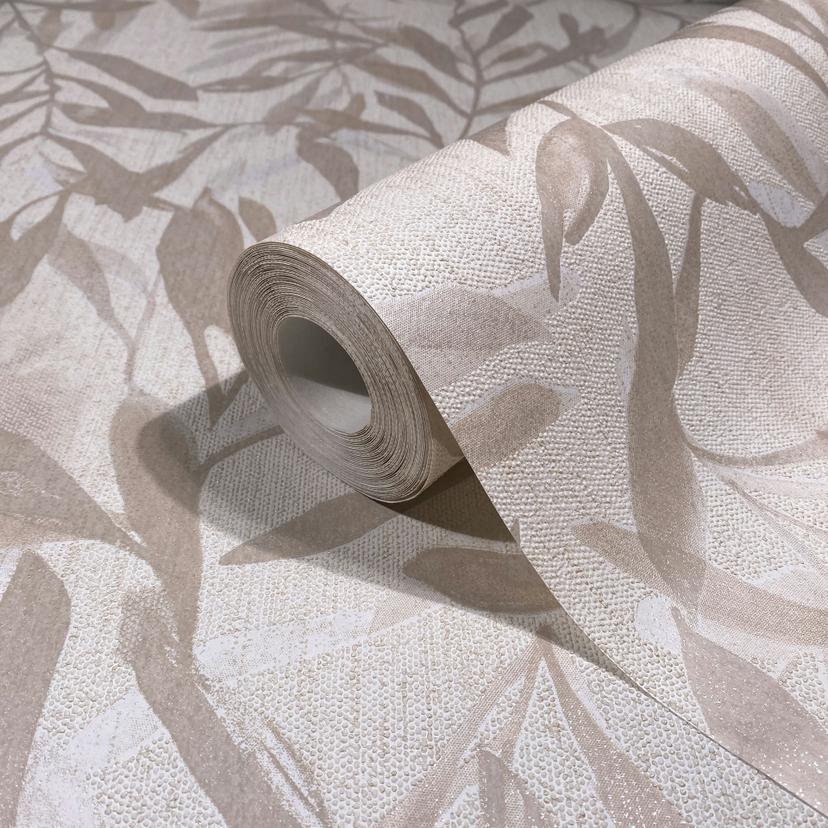 Papel pintado no tejido de color beige hojas aspecto vintage floral naturaleza