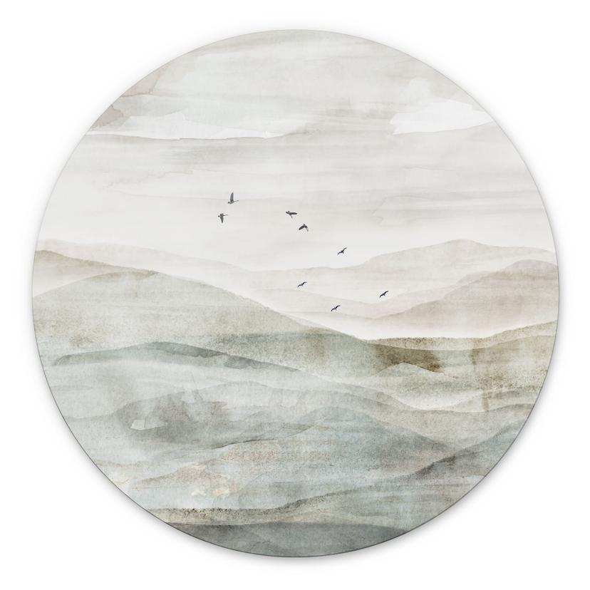 Wanddecoratie Mistig berglandschap aquarel - Ms Tiff - Alu-Dibond Rond