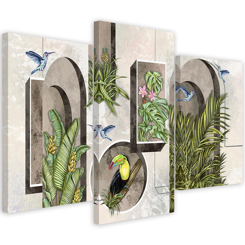 Lærred print 3 stykker, former i væggen med planter og fugle Toucan Koliber