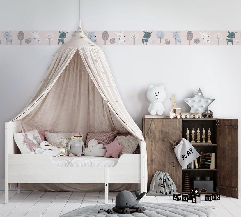 Carta da parati, carta da parati in tessuto non tessuto per bambini, pareti rosa, bianco