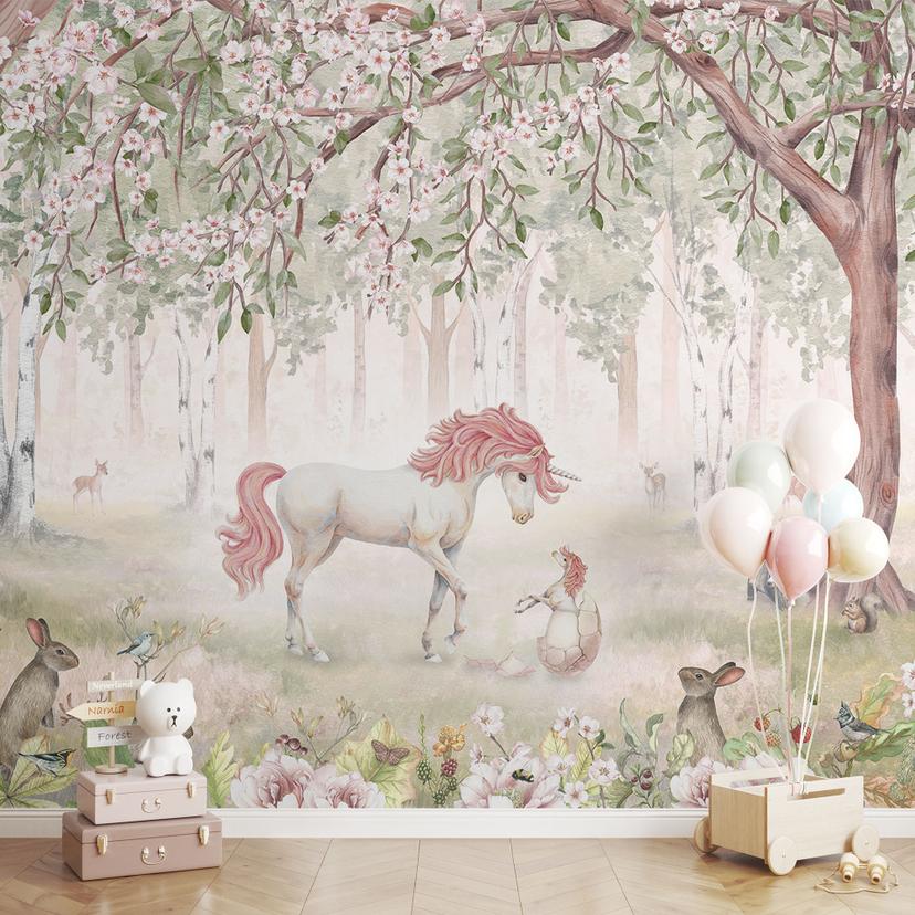 Fotomural de habitación infantil bosque de cuento con unicornios - Kikki Belle