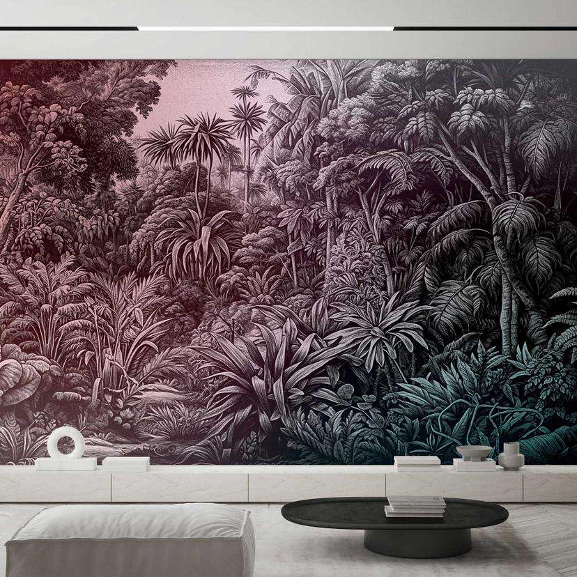 Jungletapet i monokrom - tropiske plantemotiver - non-woven