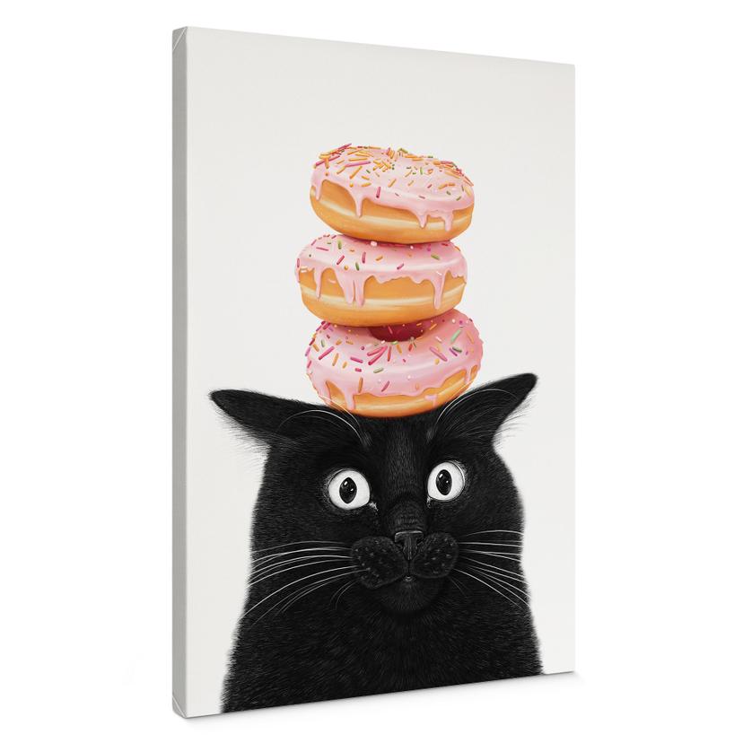Leinwandbild Schwarze Katze mit pinken Donuts - Korenkova