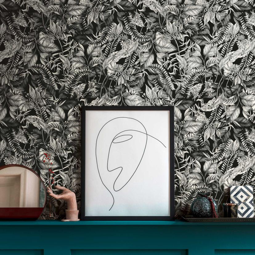 Papel pintado Jungla motivo blanco y negro - papel pintado no tejido con plantas y flores
