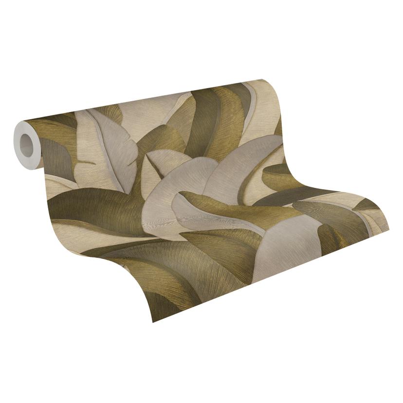 Papel pintado no tejido Isabelle Golden Canopy palmeras oro beige - hojas de palmera jungla pasillo