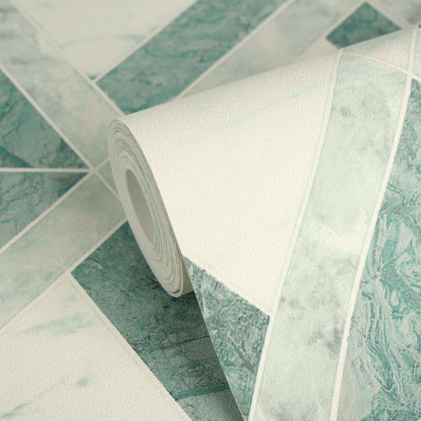 Versace Vliesbehang Tarsia ruitpatroon marmerlook groen wit grafisch