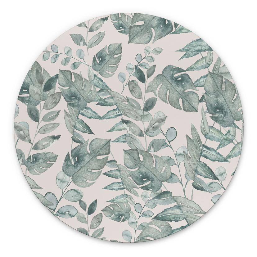 Billede Jungle Leaves Watercolour Cream - Bloomery Decor - rund – print på aluminium (Alu-Dibond)