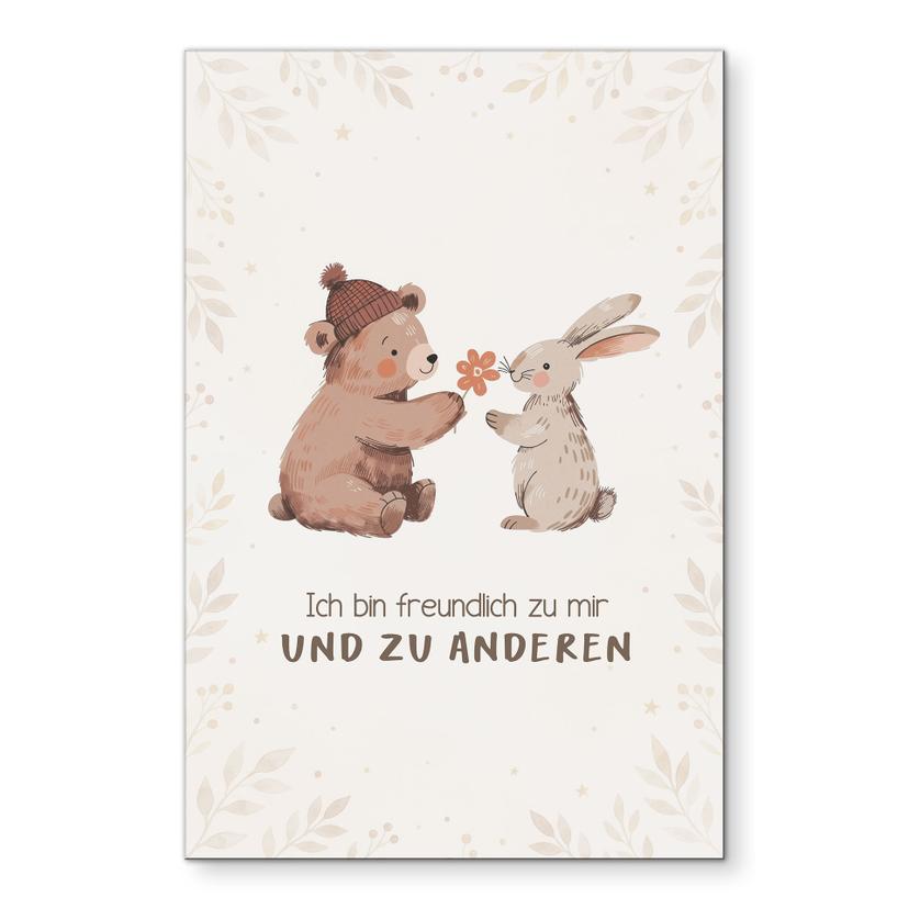 Alu-Dibond Wandbild mit Bär und Hase - Bestärkung 'Ich bin freundlich' für Kinder