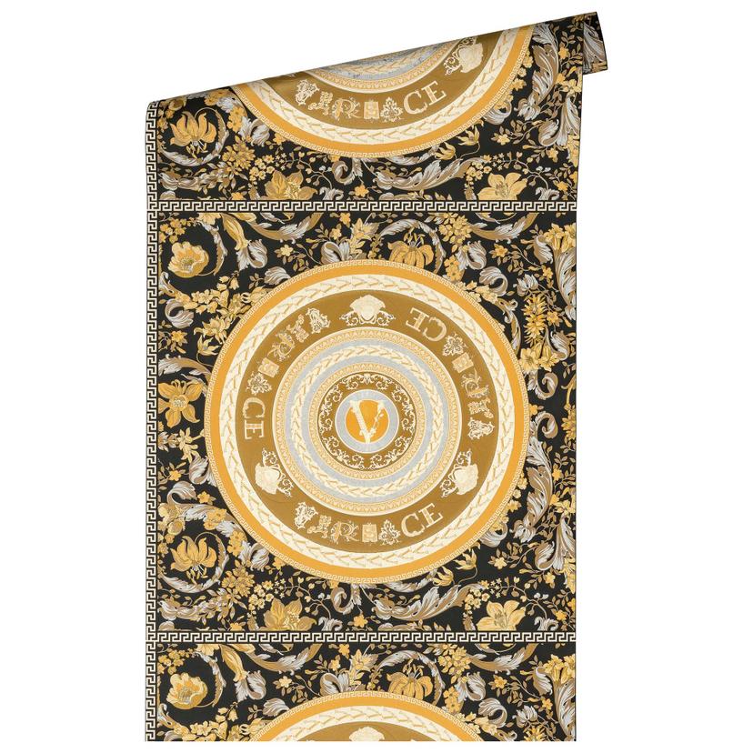 Carta da parati design Versace in tessuto non tessuto oro e nero con teste di medusa floreali