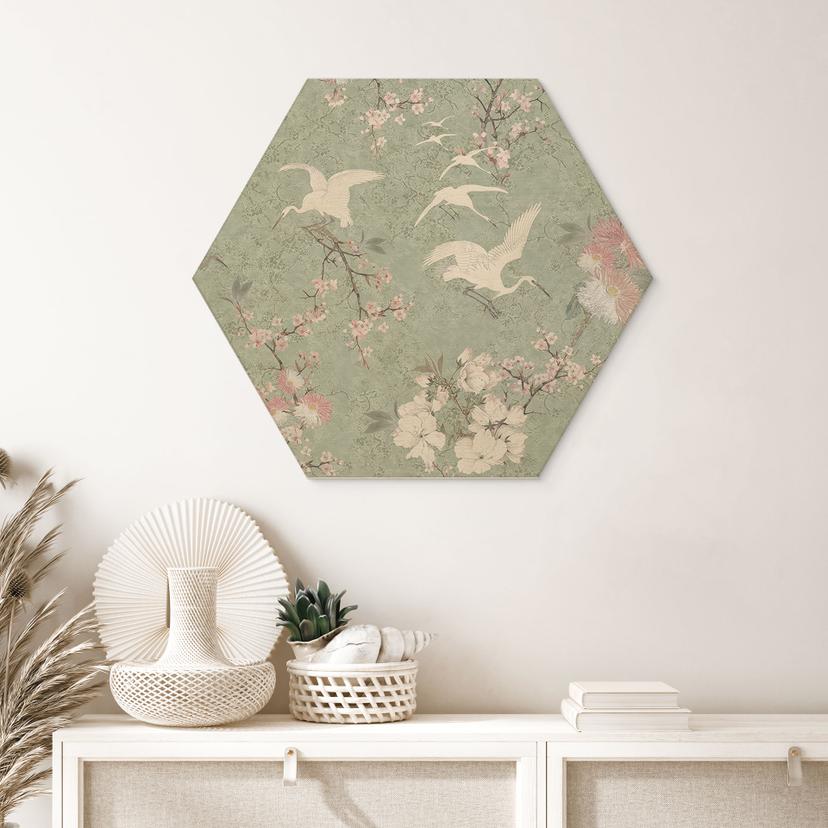 Gru esagonali in legno con fiori di ciliegio verde - Bloomery Decor