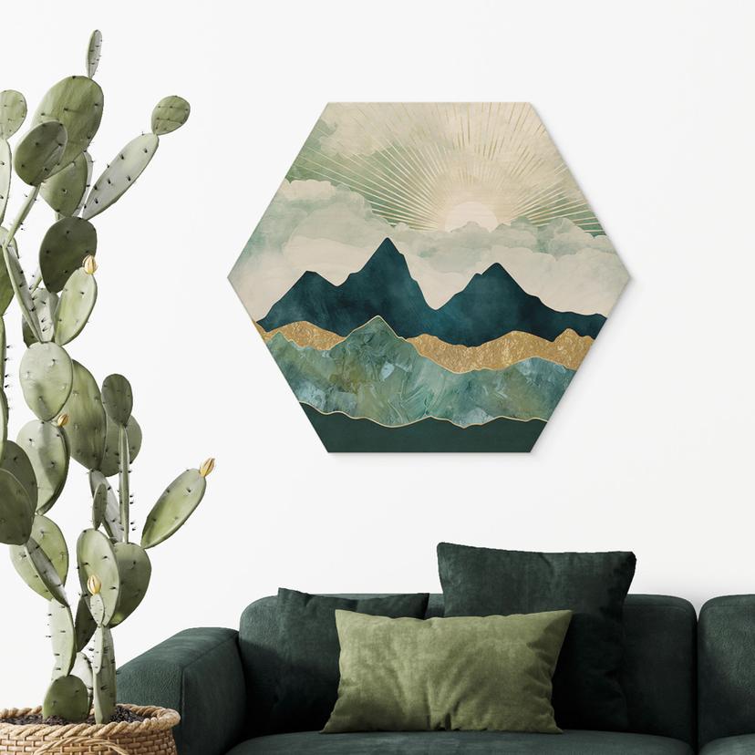 Hexagon Holzbild Sonnige Landschaft in Blau und Gold - SpaceFrog Designs