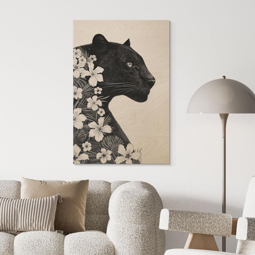 Cuadro de madera pantera negra con flores blancas - Korenkova