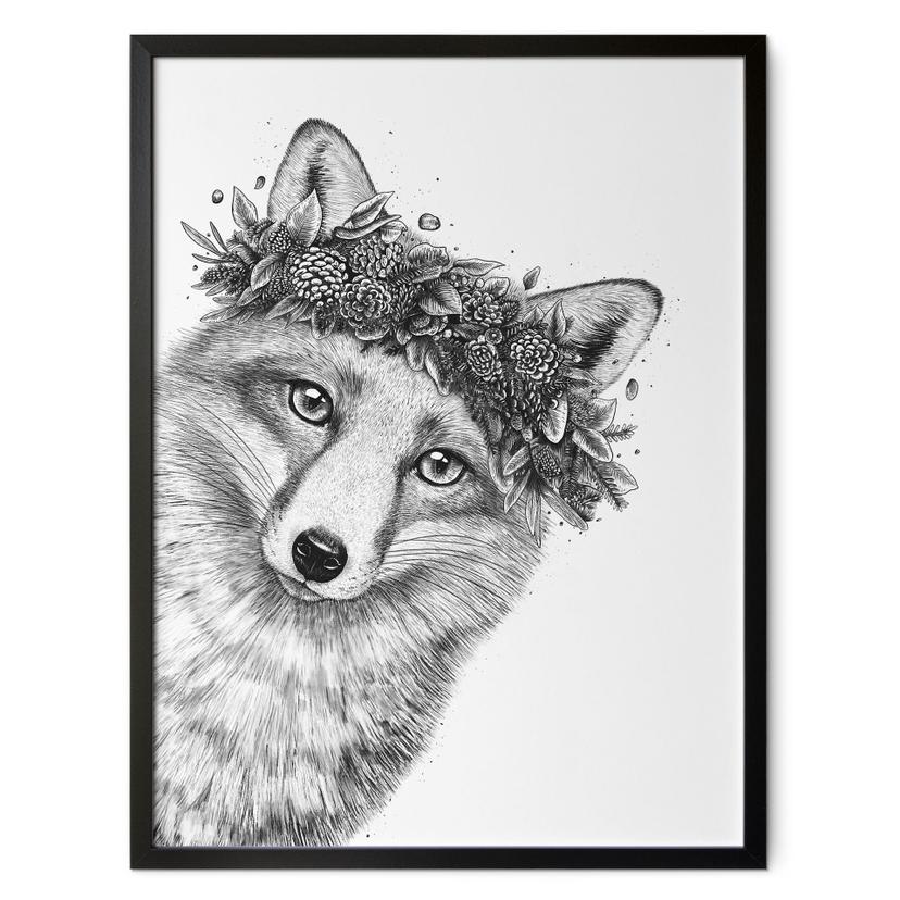 Plakat Sort og hvid ræv med blomsterkrans - Korenkova