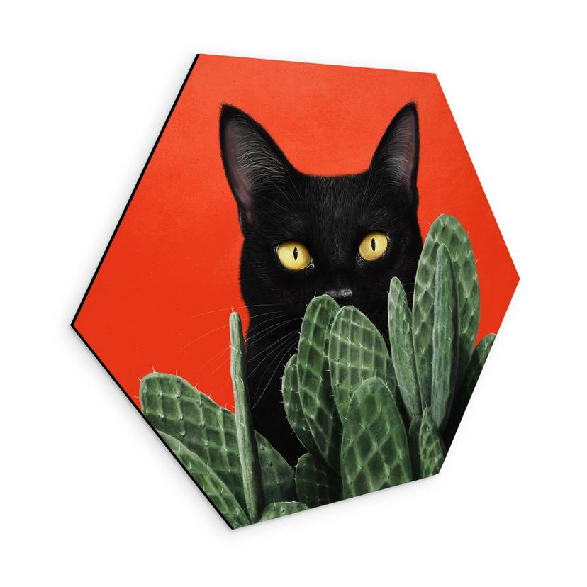 Tableaux Chat noir caché dans les cactus Hexagone - Korenkova