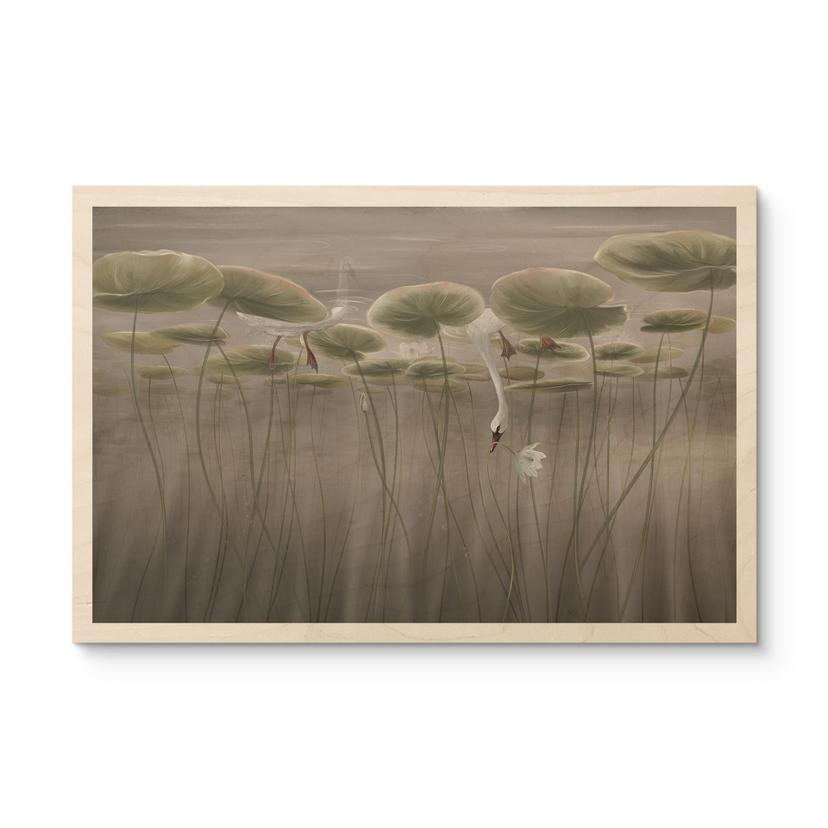Houten Wanddecoratie lotusbloemen met zwaan in het water in grijs - Ms Tiff