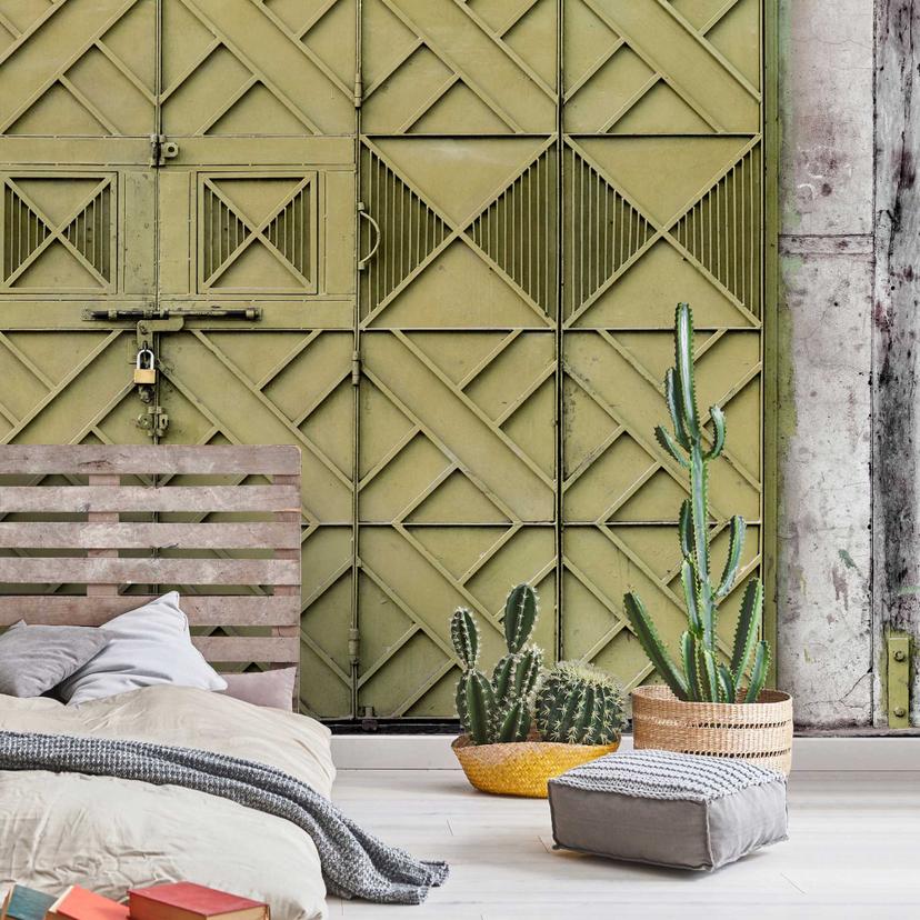 Papier peint géométrique vintage - dessin de grille vert olive