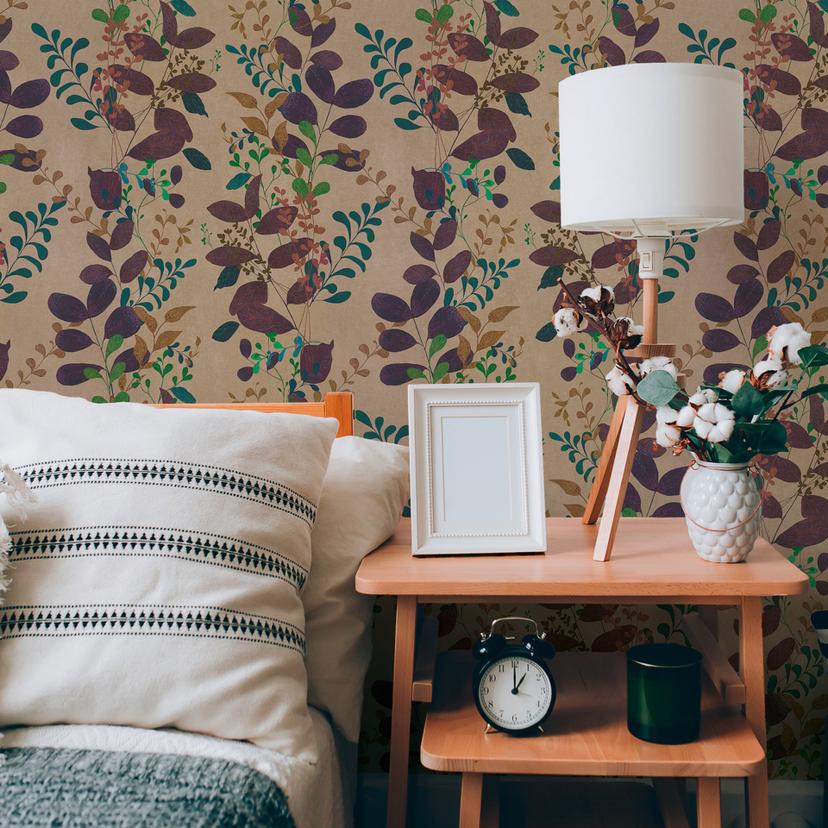 Papier peint intissé avec motifs de feuilles colorées sur fond beige
