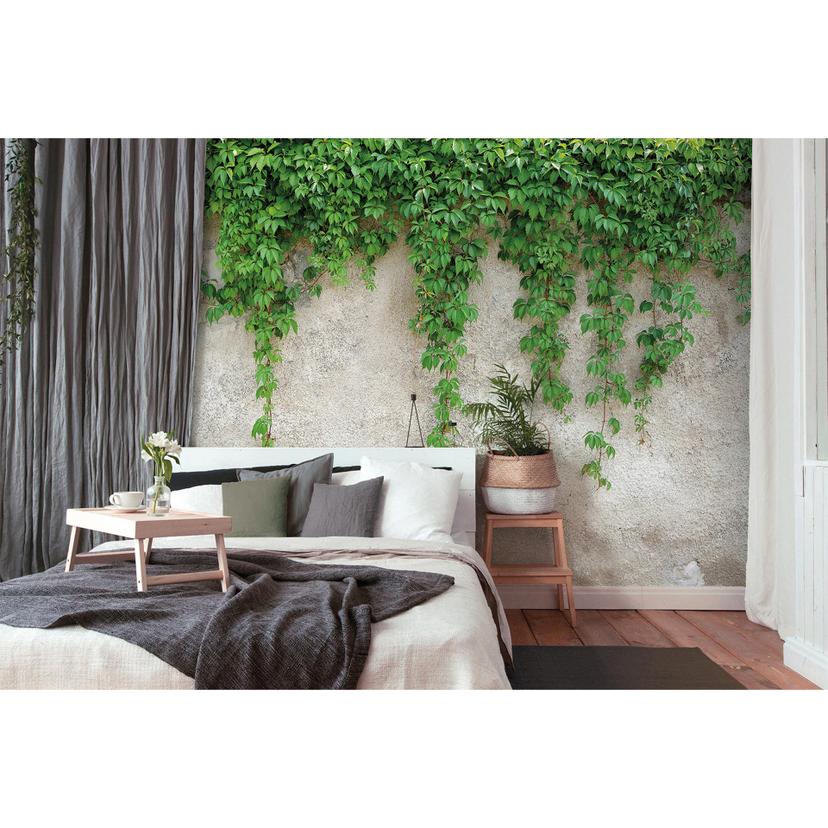Designwalls tapet i grøn og grå non-woven tapet ClimbingLeaves beton look
